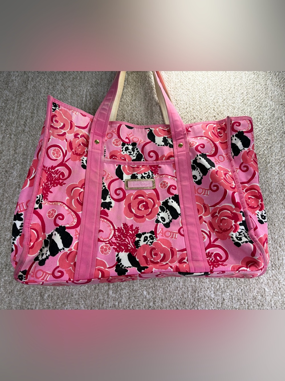 Lilly Pulitzer Pink Floral & Panda Canvas Tote AS IS zipper broke and stains